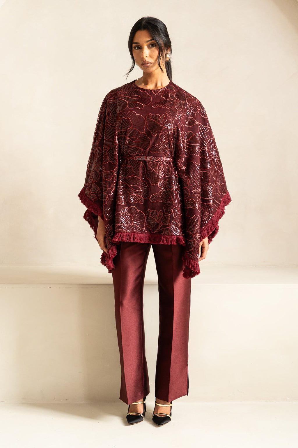 Sequin Cape & Trouser |Burgundy