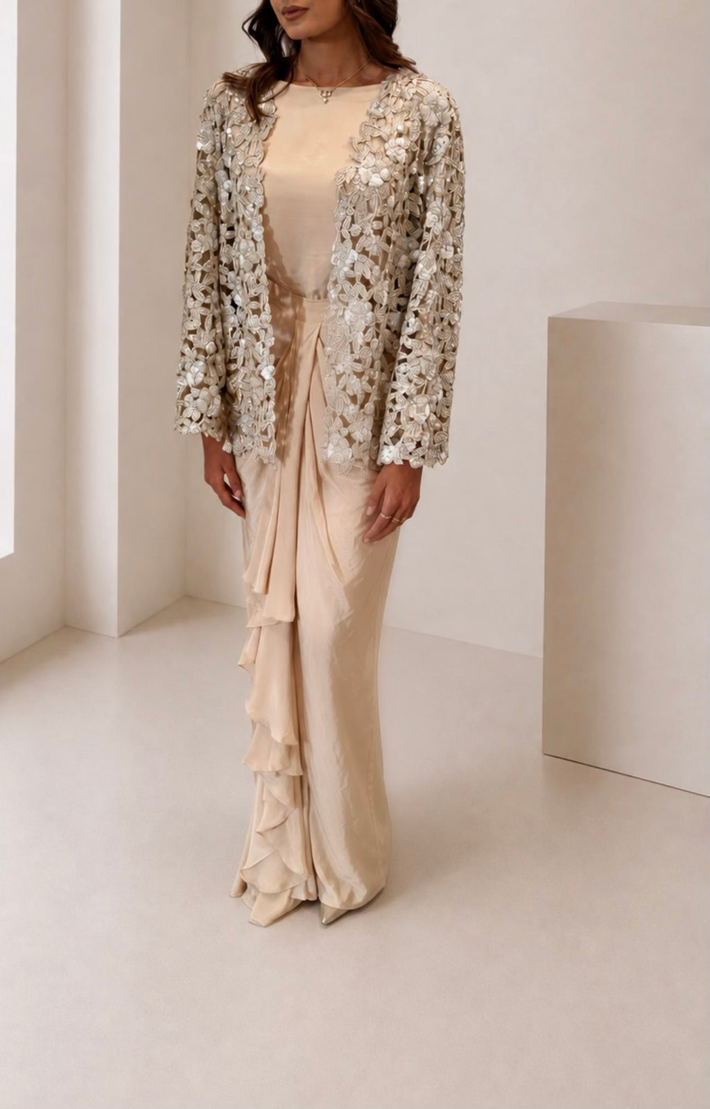 Lace Jacket, Top & Skirt set | Champagne