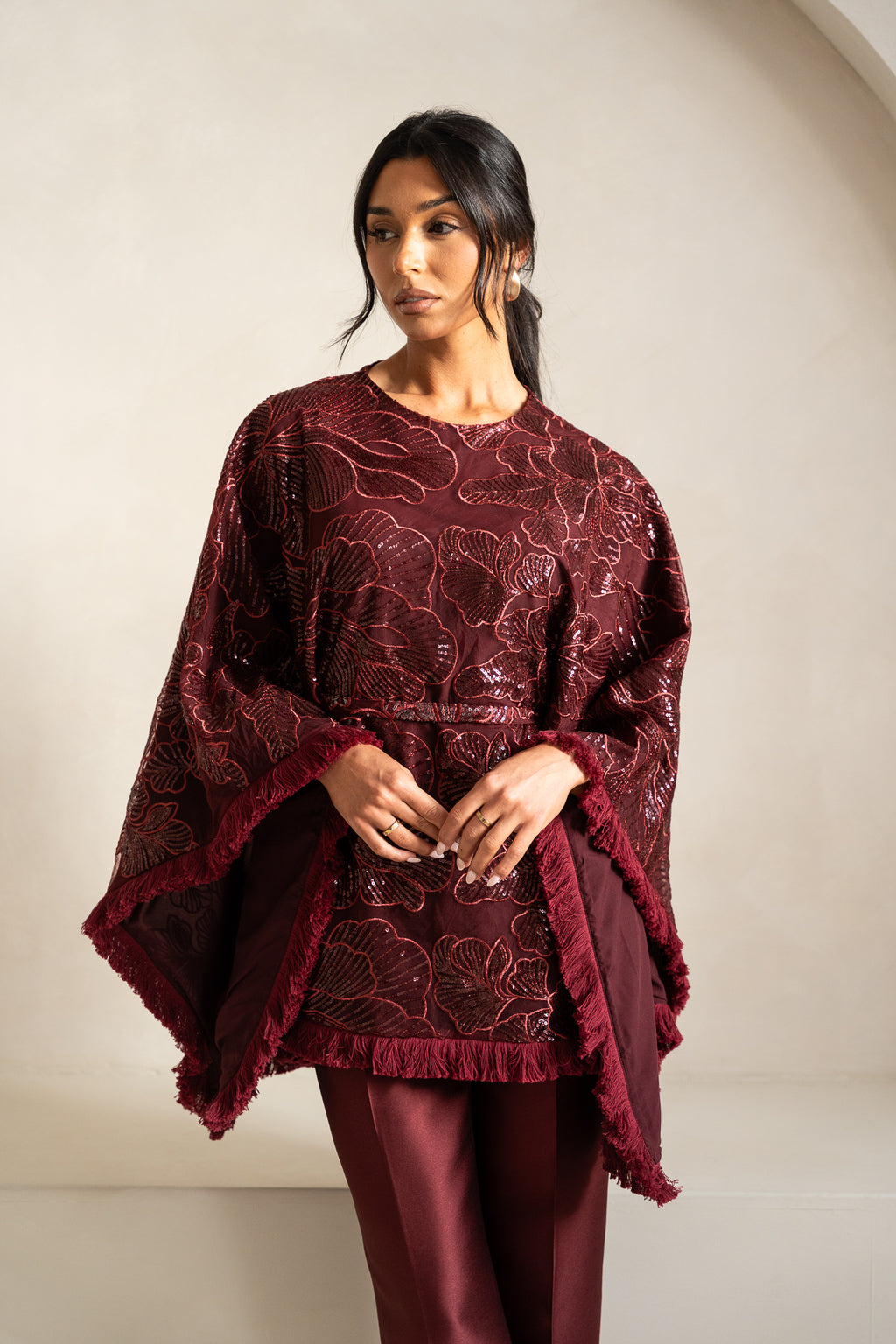 Sequin Cape & Trouser |Burgundy
